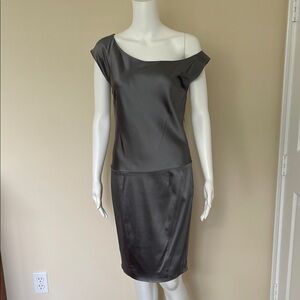 Club Monaco One-Shoulder Satin Sheath Dress in Charcoal Gray